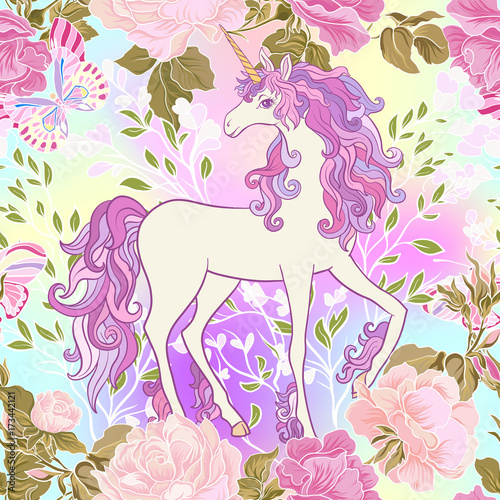 Unicorn with multicolored mane  butterfly rainbow  star and love