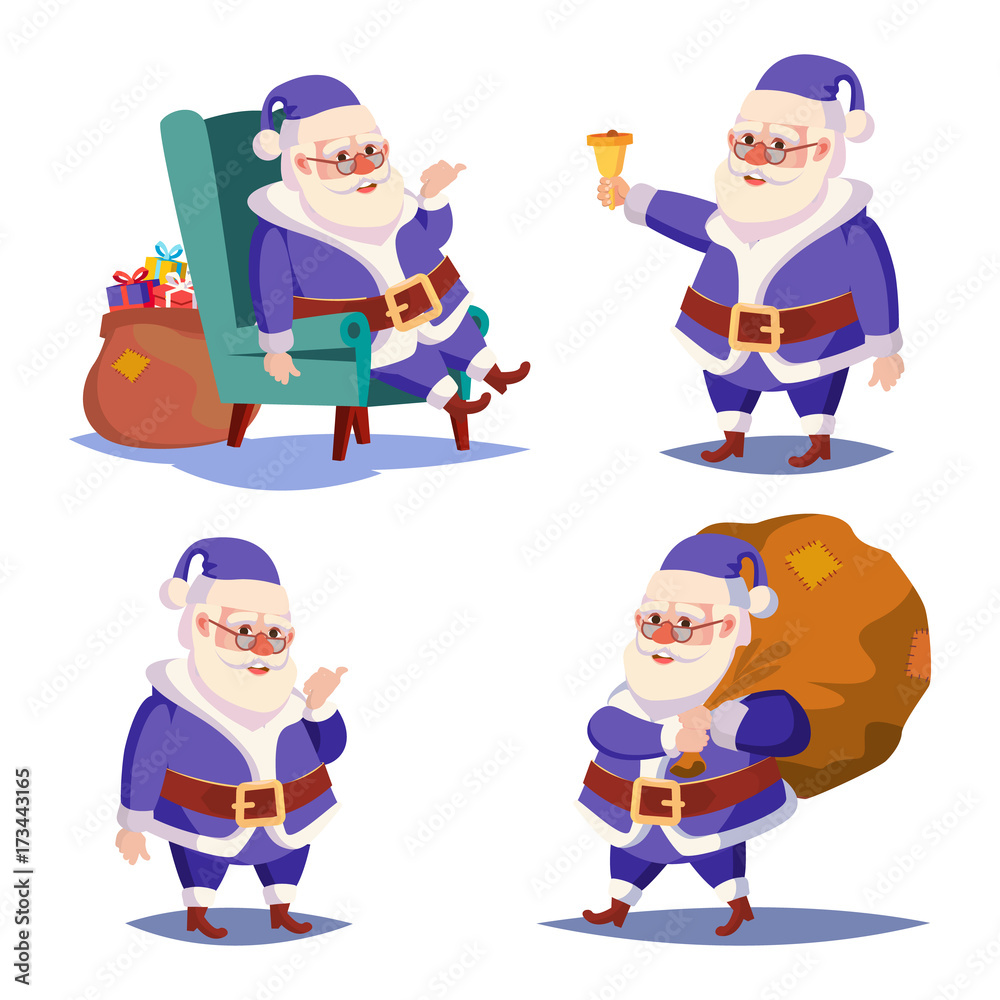 Santa Claus Set Isolated Vector. Cartoon Christmas Character. Classic Blue Suit. Xmas Design Element Illustration Santa Claus Set Isolated Vector. Cartoon Christmas Character. Classic Blue Suit. Xmas Design Element Illustration