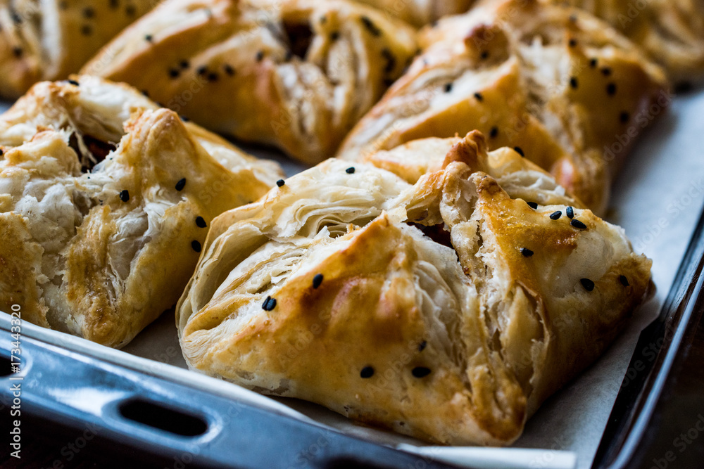 Turkish Borek made with mille feuille and minced meat.