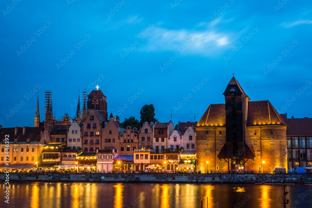 Old town and Motlawa river at night in Gdansk, Pomorze, Poland