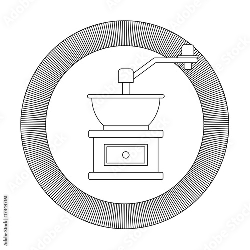 circular logo shield decorative of coffee grinding with crank striped gray silhouette on white background vector illustration