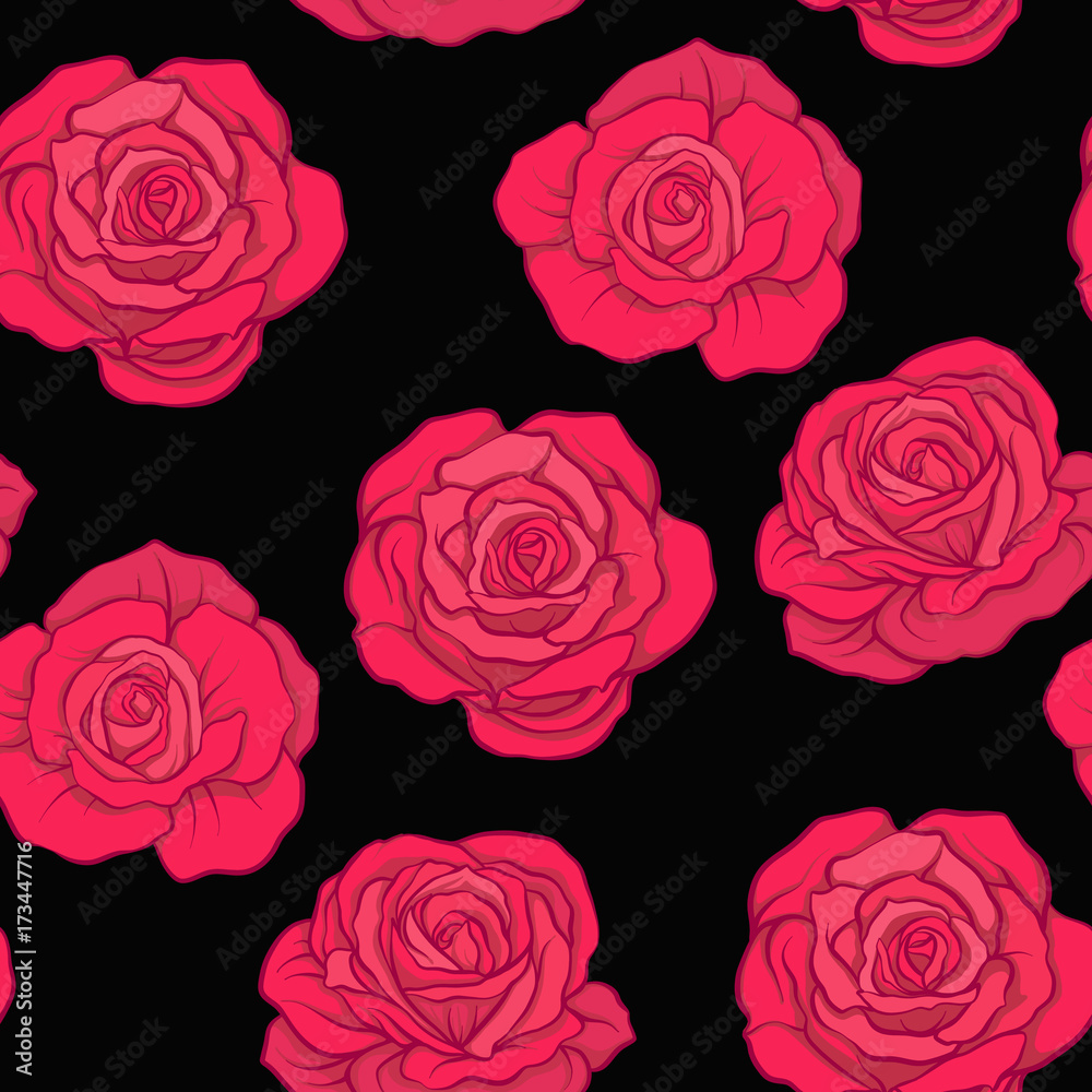 Seamless pattern with red roses on black background. Stock vecto