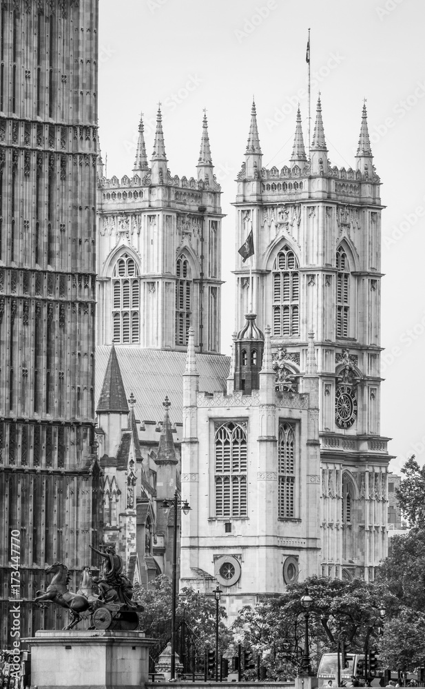 Westminster Abbey behind Houses of Parliament in London