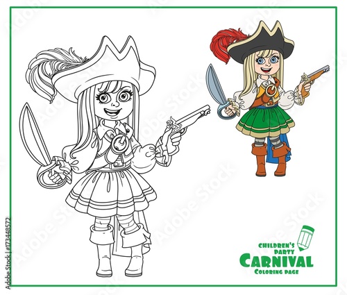 Cute girl in pirate costume color and outlined for coloring page