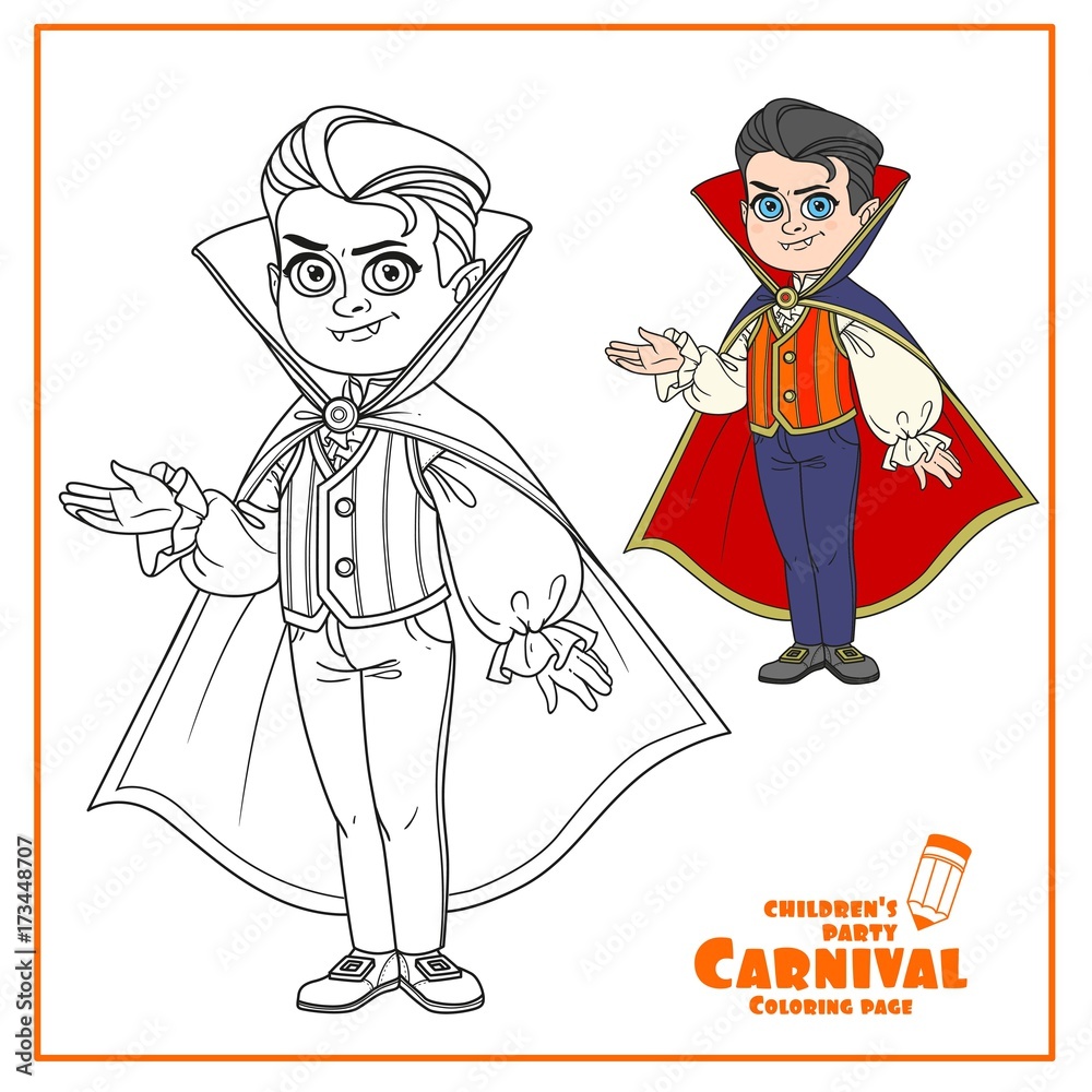 Cute boy in vampire costume outlined for coloring page