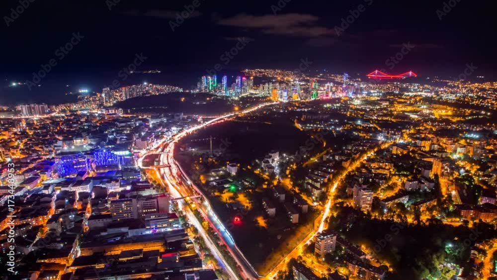 Pan shot Timelapse rooftop view of Istanbul with traffic light at night Pan shot Timelapse rooftop view of Istanbul with traffic light at night