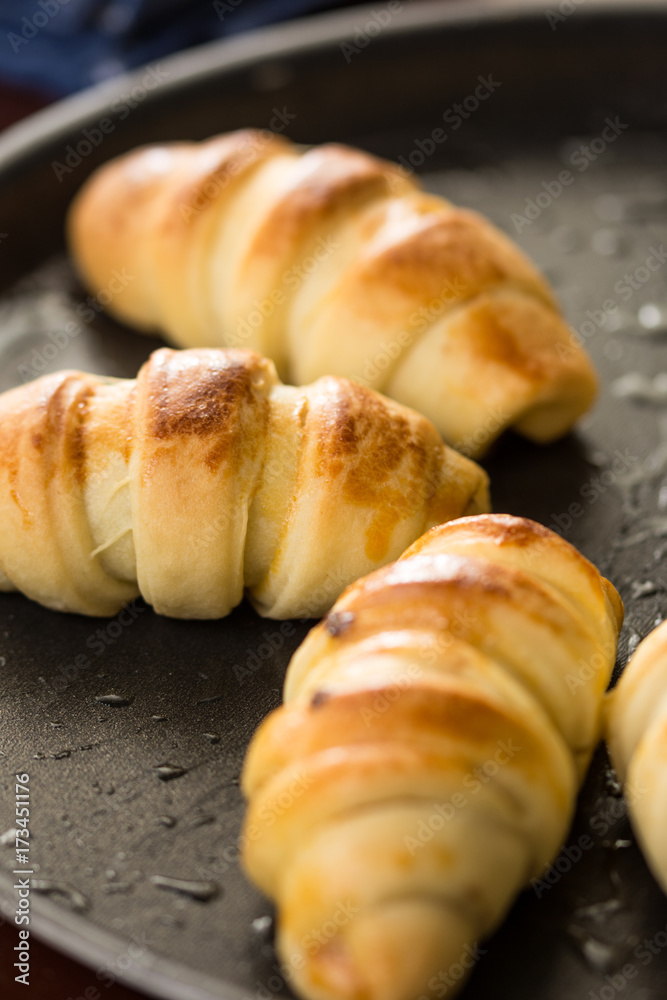 Closeup macro of baked rolls on the baking tray with selective focus Closeup macro of baked rolls on the baking tray with selective focus