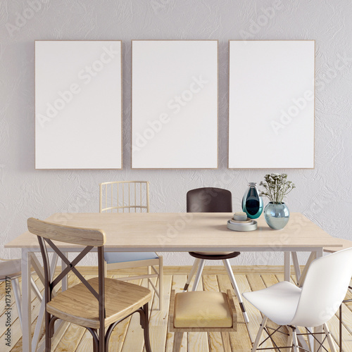 Mock up poster in interior with dining area. living room modern style. 3d illustration
