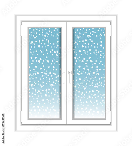 Window plastic with views falling snow over white background. Vector