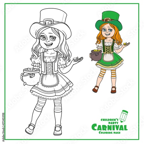 Cute girl  in leprechaun costume with a pot of gold color and outlined for coloring page