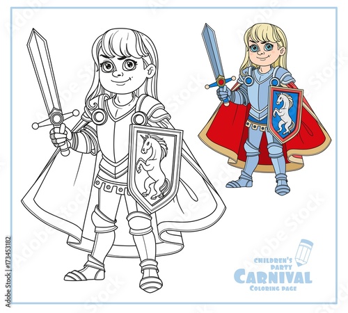 Cute boy in Knight or paladin in armor costume outlined for coloring page