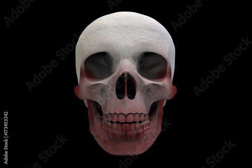 3d rendering. White human skull head bone which painted with red blood, isolated on black background 
