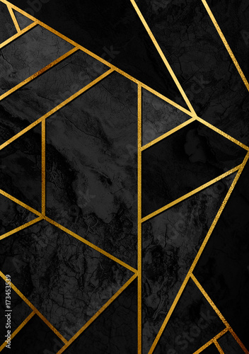 Nowoczesny i stylowy plakat abstrakcyjny ze złotymi liniami i czarnym wzorem geometrycznym.