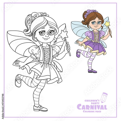 Cute girl in fairy costume color and outlined for coloring page
