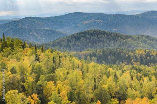 Golden autumn landscape in the mountains, Siberia, Russia