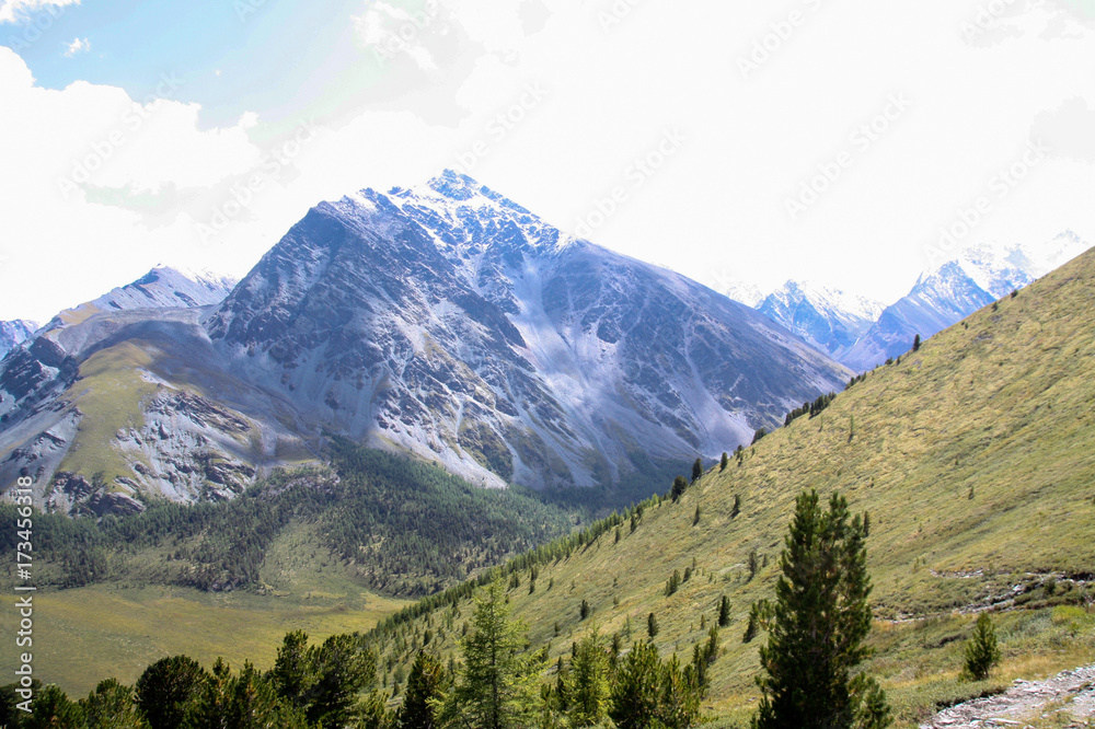 Russia, Republic of Altai. Very beautiful pictures of nature in Altai High snow-capped mountains, fast, noisy mountain rivers, beautiful meadows and fields and woods - the nature of mountain Altai