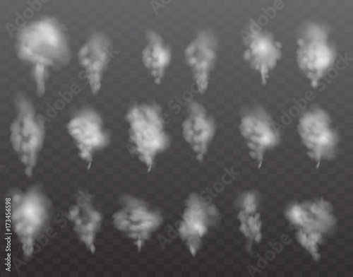 Realistic set smoke, steam on transparent background. Vector illustration 