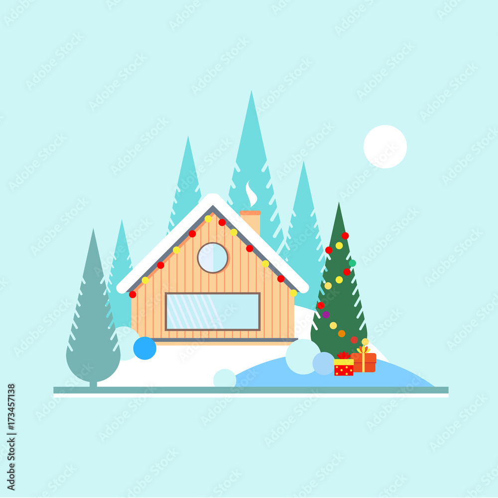 Christmas and new year in the forest. Christmas tree with toys outdoors. Wooden house with a garland in the woods on the edge of the forest. Landscape in flat style.