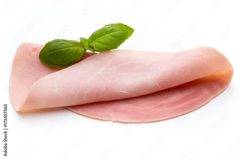 Sliced boiled ham sausage isolated on white background, top view. Sliced boiled ham sausage isolated on white background, top view.