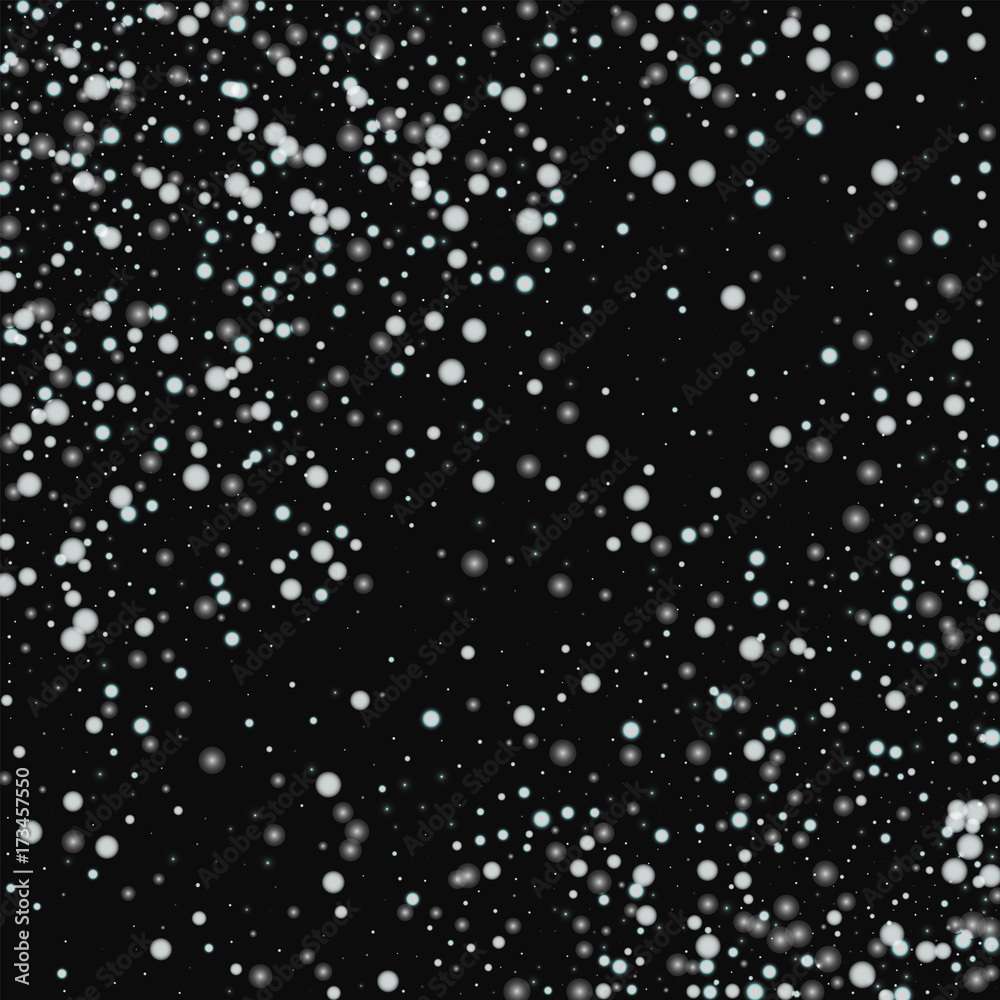 Beautiful falling snow. Abstract scattered pattern with beautiful falling snow on black background. Enchanting Vector illustration.