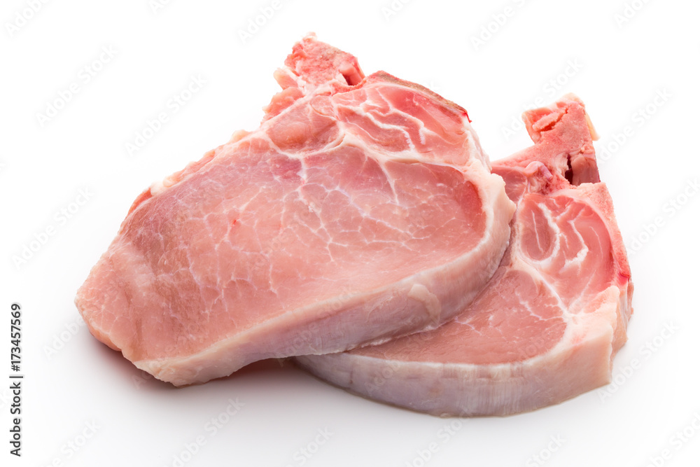 Fresh raw beef steak isolated on white background, top view.