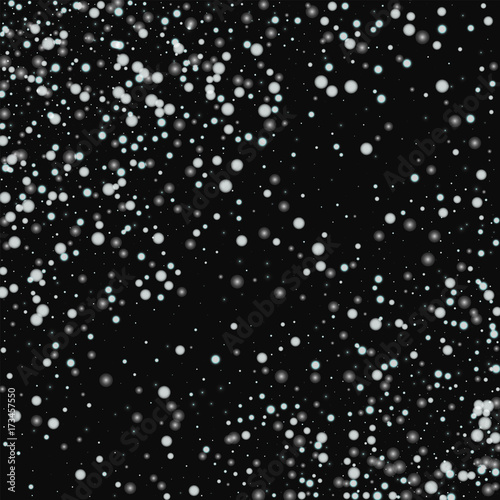Beautiful falling snow. Abstract scattered pattern with beautiful falling snow on black background. Enchanting Vector illustration.