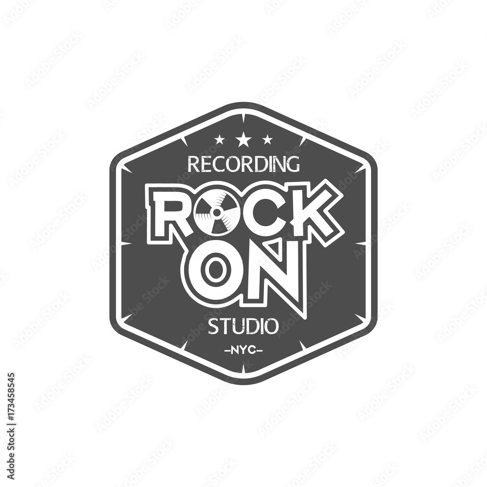 Rock on. Recording studio vector label, badge, emblem logo with musical instrument. Stock vector illustration isolated on white background Rock on. Recording studio vector label, badge, emblem logo with musical instrument. Stock vector illustration isolated on white background