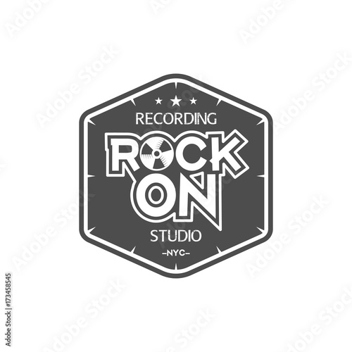 Rock on. Recording studio vector label, badge, emblem logo with musical instrument. Stock vector illustration isolated on white background