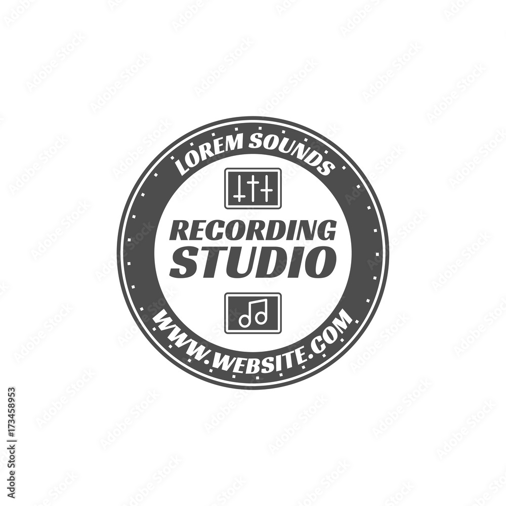Recording studio vector label, badge, emblem logo with musical instrument. Stock vector illustration isolated on white background. Monochrome design