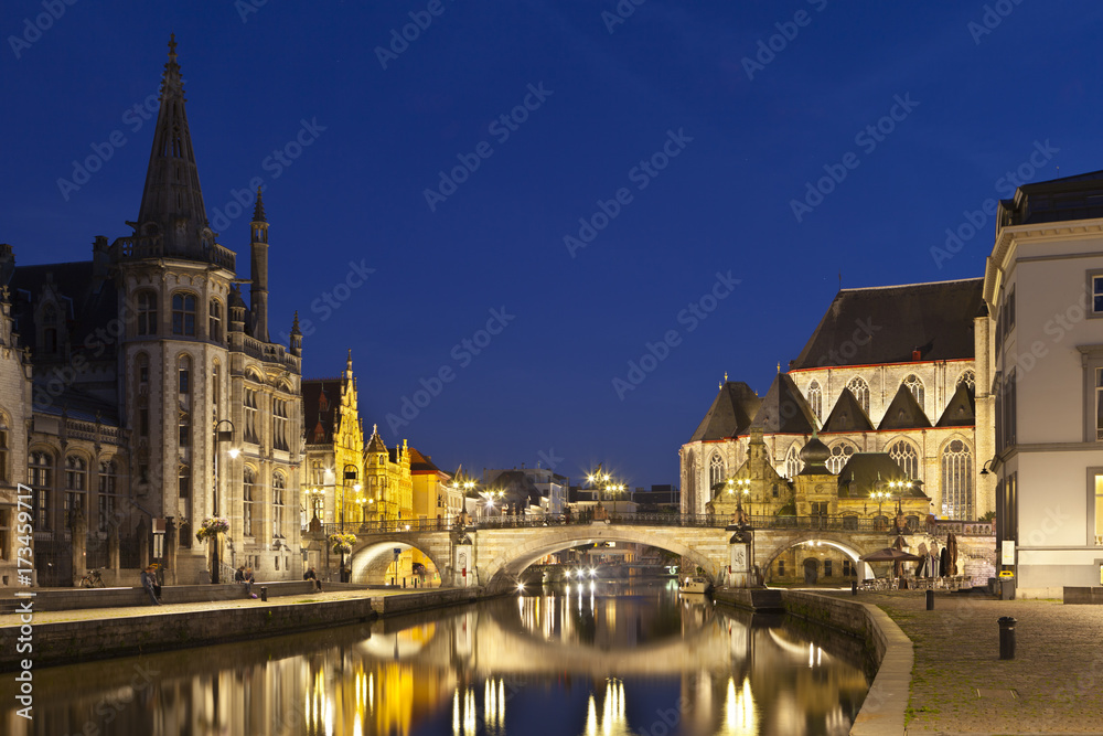 Ghent Canal View At Night, Belgium