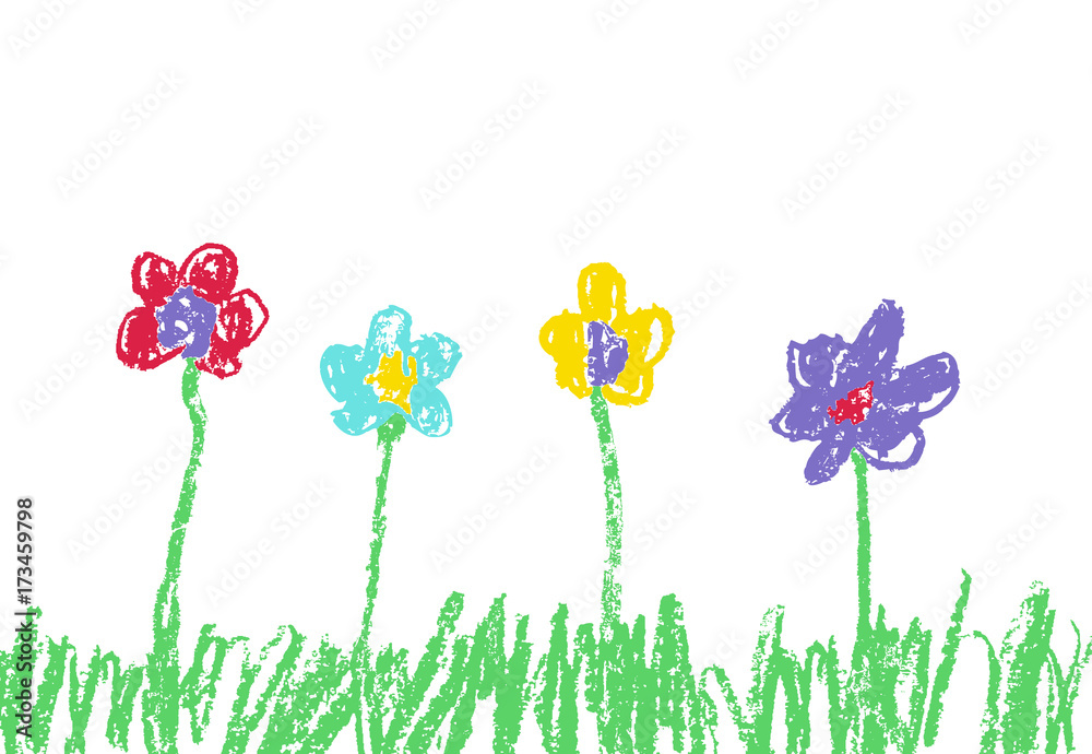 Wax crayon like kid`s hand drawn colorful flowers with green grass. Like child`s drawn flowers