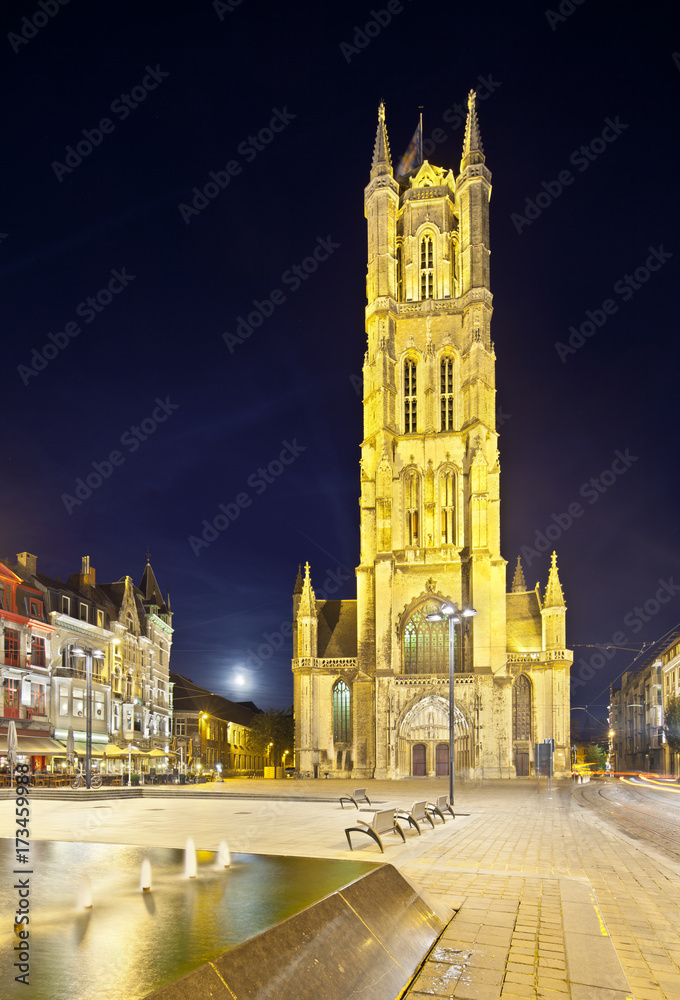 Obraz premium Ghent Cathedral At Night, Belgium