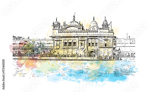 Watercolor sketch of Golden Temple Amritsar Punjab, India in vector illustration.