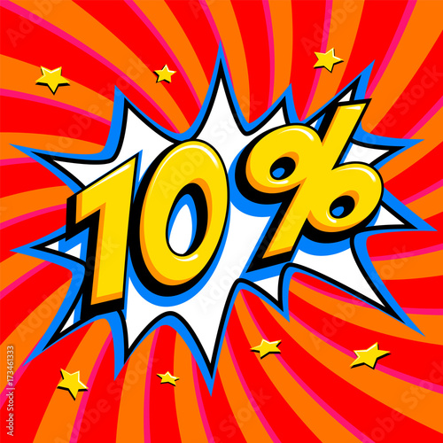 Red sale web banner. Sale ten percent 10 off on a Comics pop-art style bang shape on red twisted background. Big sale background. Pop art comic sale discount promotion banner. Seasonal discounts