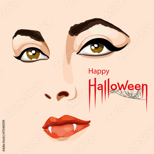 Happy Halloween card. Pretty woman's face with scary vampire fangs. Happy Halloween lettering with spider web. Vector Illustration