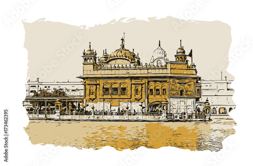 Vector sketch with color of Golden Temple Amritsar Punjab, India.