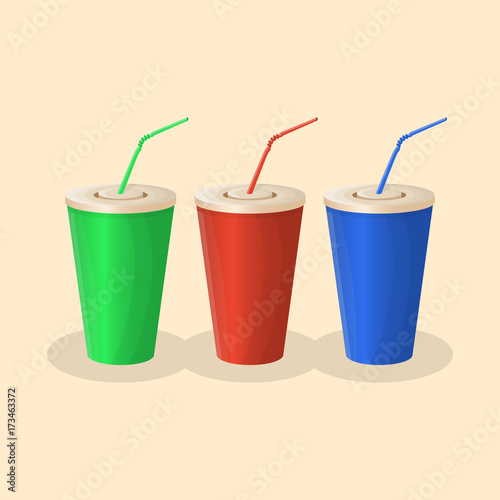 Soda cups in red, green and blue color on yellow background. The set of beverage. Graphic design elements for menu, poster, brochure. Vector illustration of fast food for snackbar, cafe or restaurant.