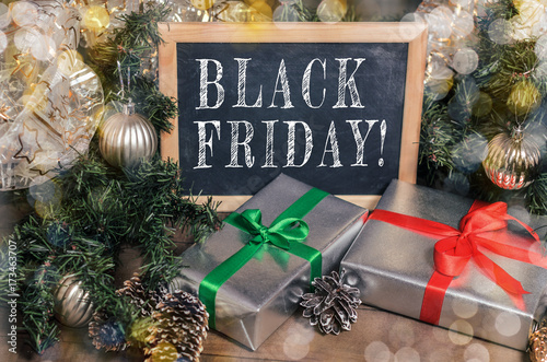 Advertisement, banner: black Friday, promotions, discounts. Christmas, New Year, gifts! Colse up