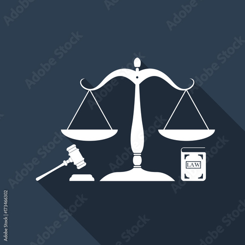Symbol of law and justice. Concept law. Scales of justice, gavel and book icon isolated with long shadow. Legal law and auction symbol. Flat design. Vector Illustration