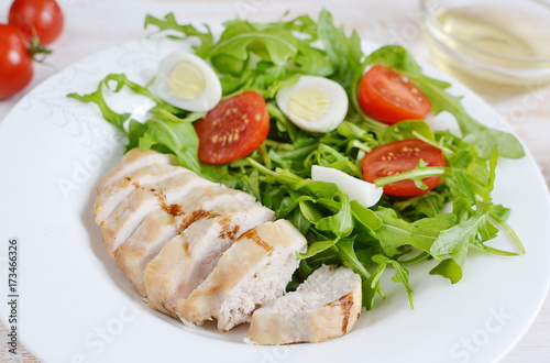 Chicken Salad Arugula Oil Quail Eggs Tomato Lemon Vegetables Wooden Table Preparation Lifestyle Healthy Concept