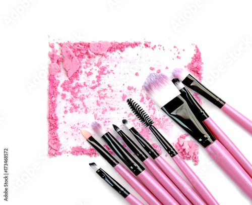Fototapeta Naklejka Na Ścianę i Meble -  Pink powder and blush set on white background