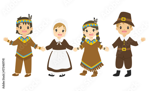 happy Native American and Pilgrim boys and girl holding hands, Thanksgiving cartoon vector