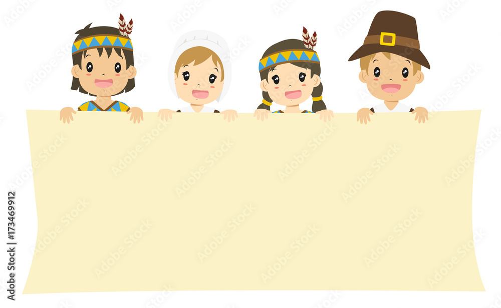 happy Native American and Pilgrim boys and girls holding an empty banner and waving their hand. Thanksgiving background design cartoon vector happy Native American and Pilgrim boys and girls holding an empty banner and waving their hand. Thanksgiving background design cartoon vector