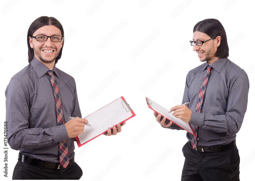 Young businessman with paper isolated on white Young businessman with paper isolated on white