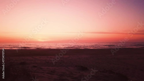 Aerial view of beach and sand dunes at sunset in Murtosa, Aveiro - Portugal. Aerial view.