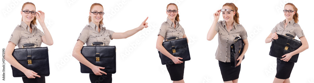 Pretty young employee with briefcase isolated on white Pretty young employee with briefcase isolated on white