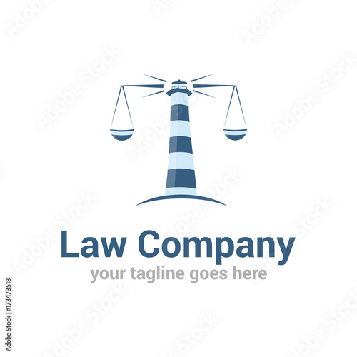 Vector logo template for law company. Creative idea for lawyer logotype. Sign of blue lighthouse with scales. EPS10.