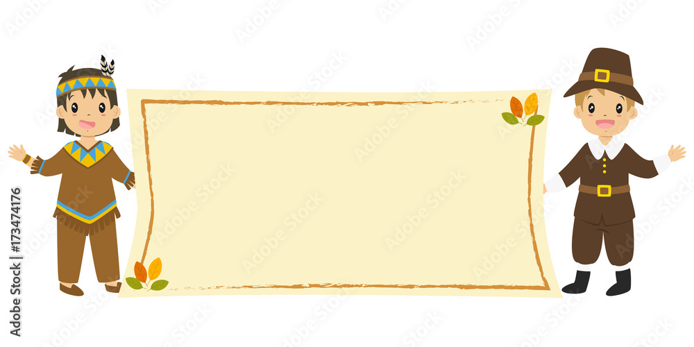 Fototapeta premium happy Native American boy and Pilgrim boy holding an empty banner and waving their hand. Thanksgiving background design cartoon vector