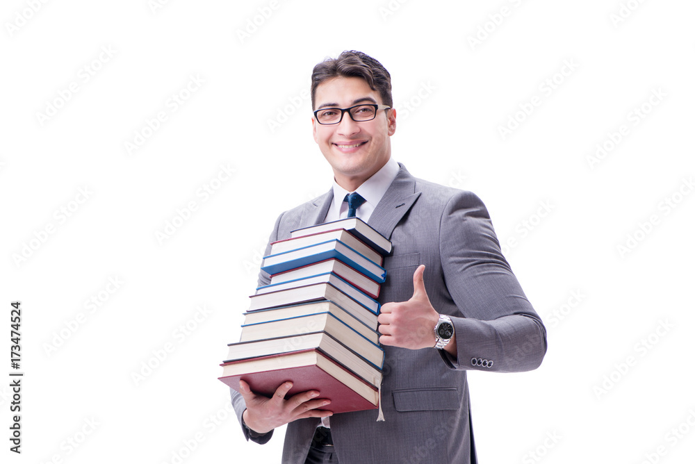 Businessman student carrying holding pile of books isolated on w Businessman student carrying holding pile of books isolated on w