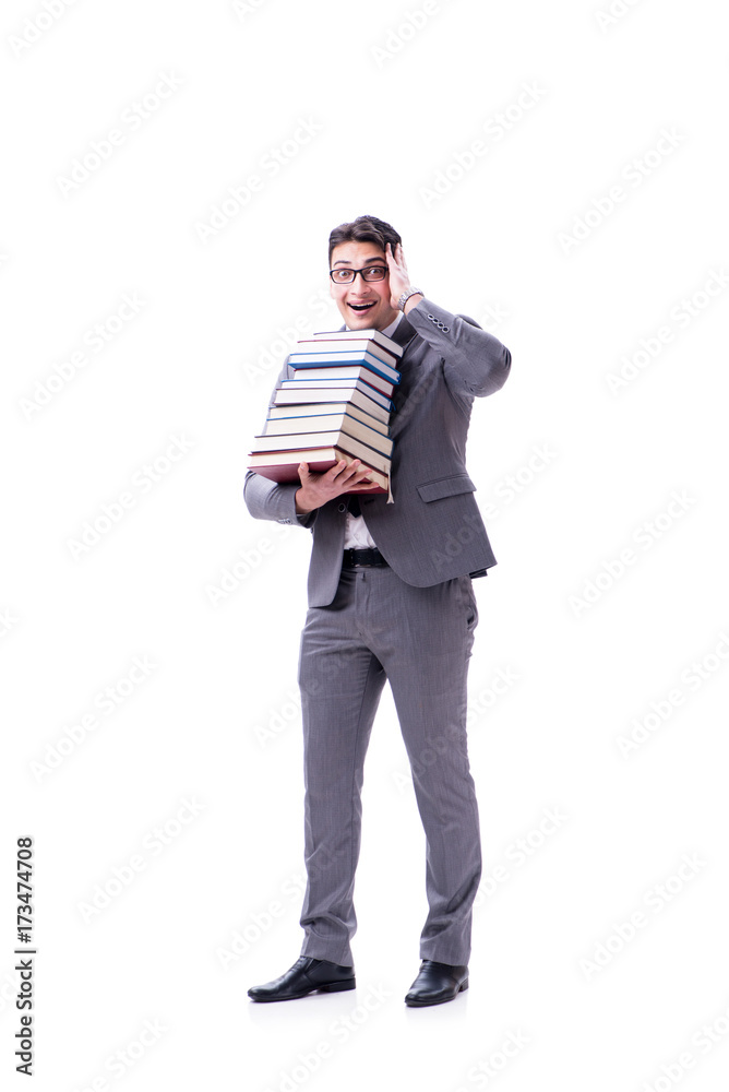 Businessman student carrying holding pile of books isolated on w